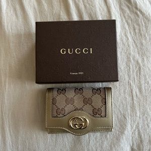Gucci Beige Brown GG Canvas Leather Trifold Wallet